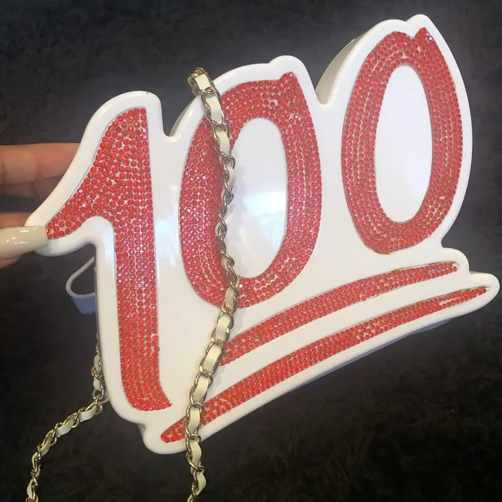 White & Red '100' Crystal Accent Crossbody Clutch